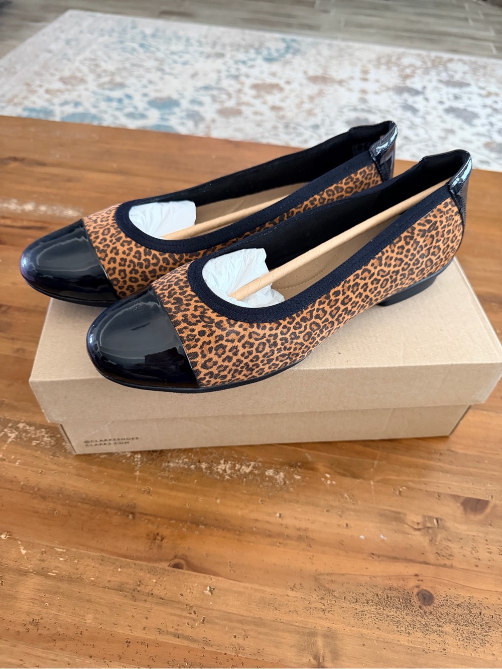 Clarks Sara Orchid Print Leopard suede Ballet Flats with Black Patent Cap Toe